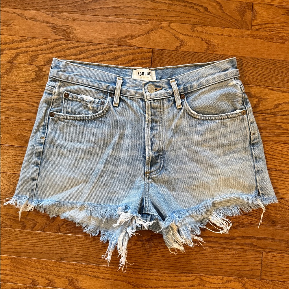 Agolde Frayed Hem Jean Shorts - Light Blue